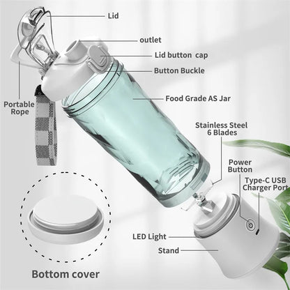 Portable Blender Juicer – 6-Blade Personal Smoothie Maker with USB Rechargeable Battery