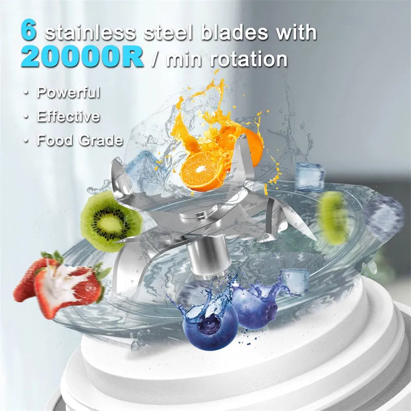 Portable Blender Juicer – 6-Blade Personal Smoothie Maker with USB Rechargeable Battery
